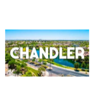 A sunny aerial view of Chandler with large white text overlay.