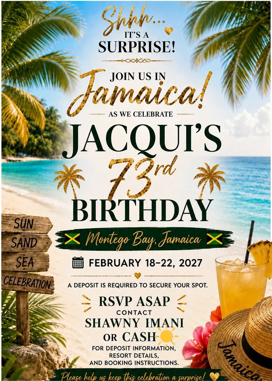 Invitation to Jacqui's 73rd birthday surprise in Montego Bay, Jamaica with beach and tropical theme.