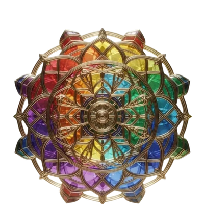 A colorful stained glass mandala with gold framework.