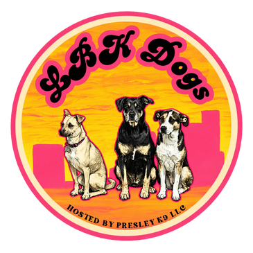 Logo of L.A.K Dogs with three different dogs against a sunset background.