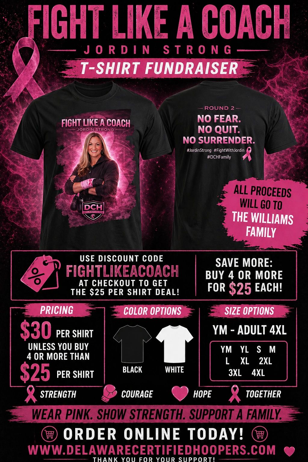 Fight Like a Coach Jordin Strong T-shirt fundraiser supporting the Williams family with pink-themed designs.