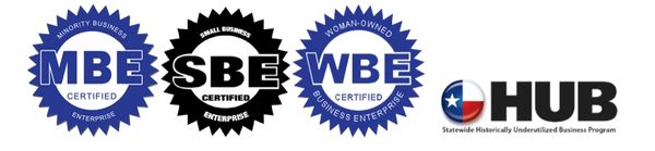 Logos for MBE, SBE, WBE certifications and HUB program for business enterprises.