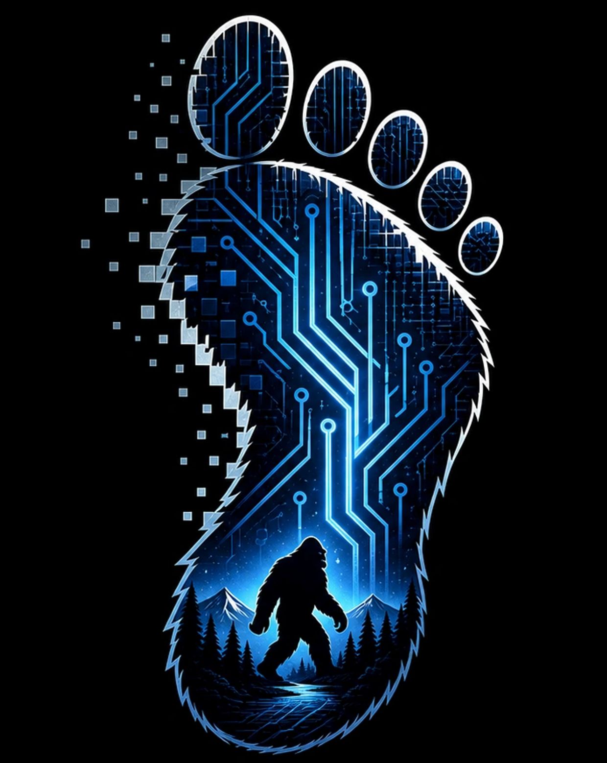 Digital footprint with Bigfoot silhouette and circuit board design in blue.