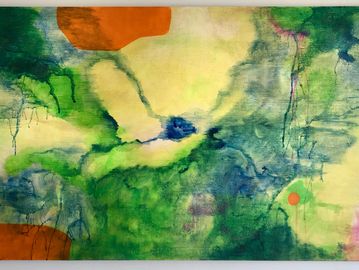 Abstract painting with green, blue, and orange hues blending and dripping on canvas.