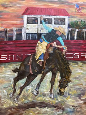 "Lefty" is a 48"x36" original painting of a saddle bronc rider .