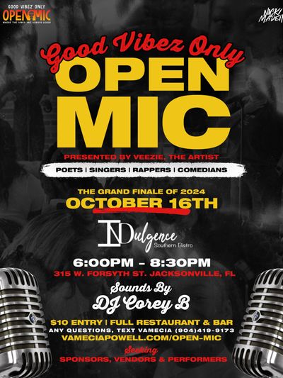 Open Mic event with poets, singers, rappers, and comedians on October 16th in Jacksonville.
