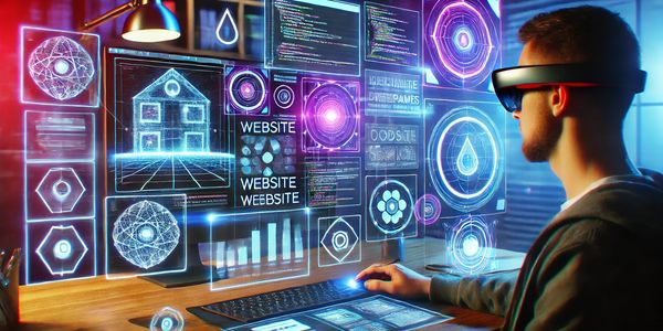 Here are the images based on your concept of building a website in a futuristic digital workspace.