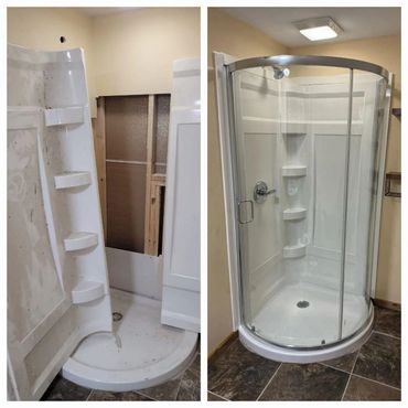 Before and after images of a shower installation in a bathroom.