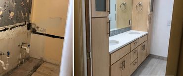 Before and after photo of a bathroom renovation with new cabinets and sinks.
