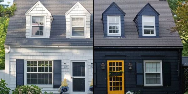 House split into two halves: one white and one black with a yellow door.
