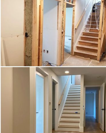 Before and after shots of a basement hallway and staircase renovation.