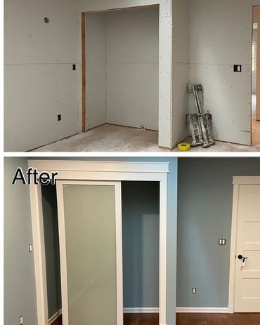 Room renovation showing drywall installation and finished interior with painted walls, doors, and hardwood floor.