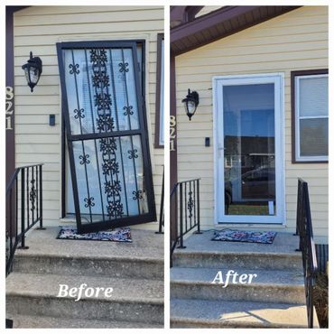 Before and after images of a home entrance door replacement.