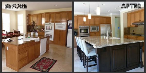 Before and after photos of a kitchen remodel with a new island and updated appliances.