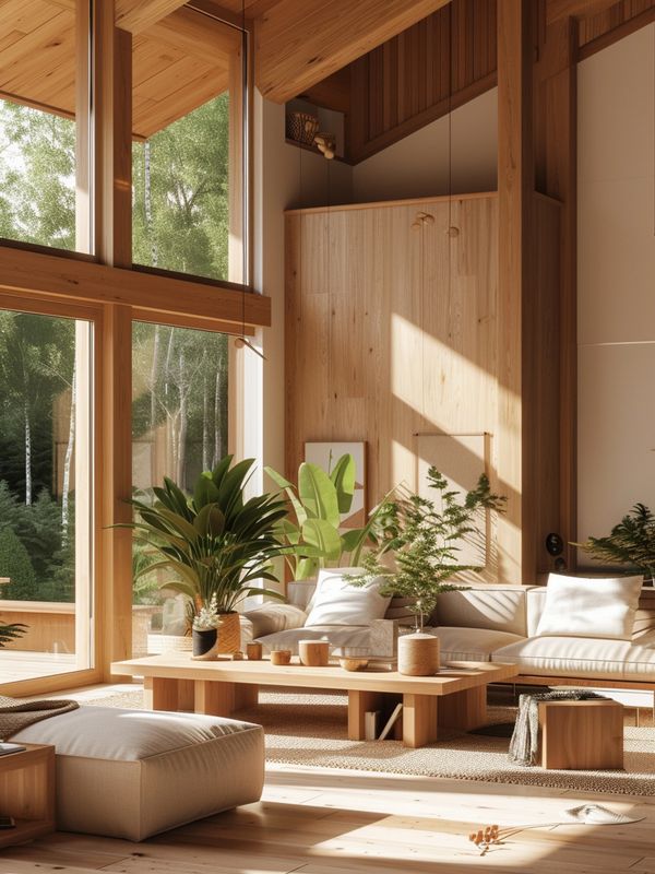 Bright, spacious living room with wooden accents and lush indoor plants.