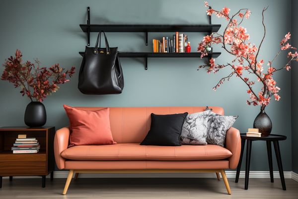 Modern living room with a peach sofa and decorative flowers.
