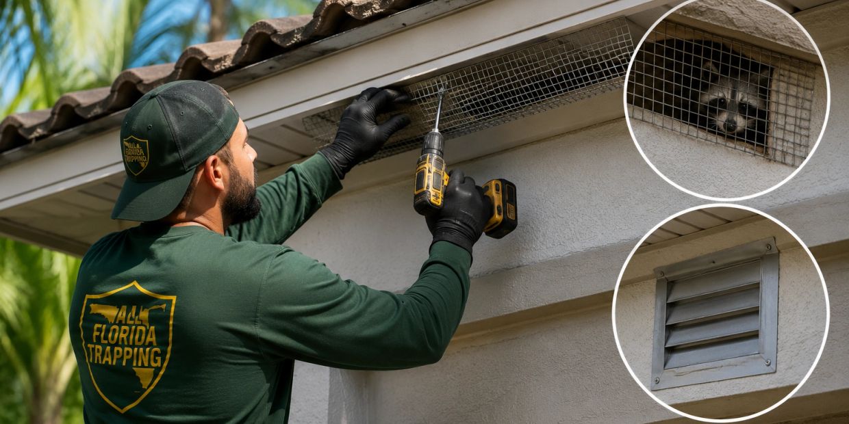 A man installs a metal mesh over a vent to keep raccoons out.