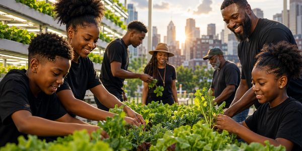 Family gardening together in an urban rooftop garden.