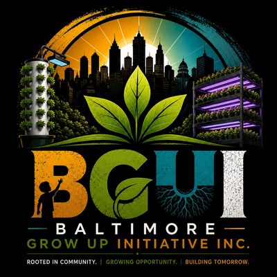 Logo of Baltimore Grow Up Initiative Inc. with a cityscape and plant imagery.