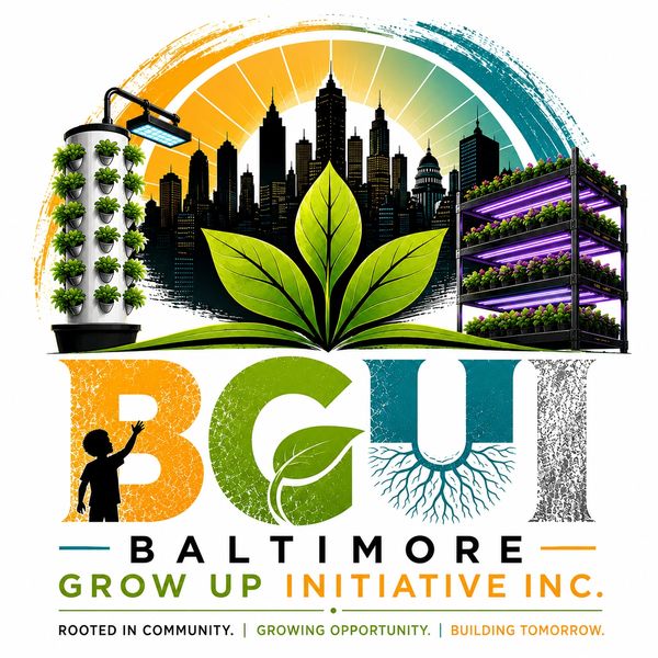 Logo of Baltimore Grow Up Initiative with cityscape and plants.