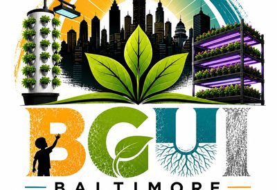 Logo with urban farming elements and Baltimore skyline.