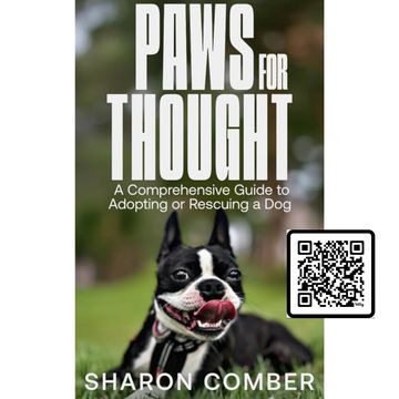 Book cover featuring a happy dog with the title 'Paws for Thought' by Sharon Comber.