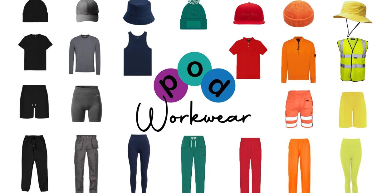 Colorful workwear collection including hats, tops, shorts, and pants in black, gray, blue, green, red, orange, and yellow.