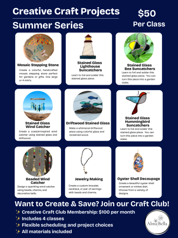 Craft classes flyer showcasing stained glass and mosaic projects.