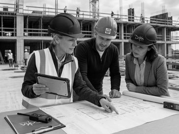 Three construction professionals reviewing blueprints on site.