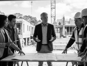 Team discussing construction plans on site with blueprints.