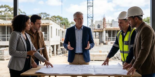 A team of professionals discussing blueprints at a construction site.