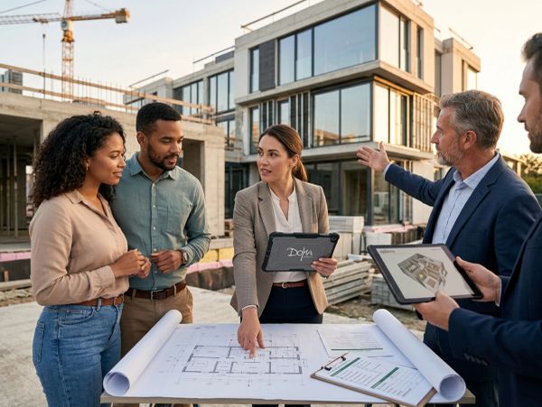 Architects discussing building plans at a construction site.
