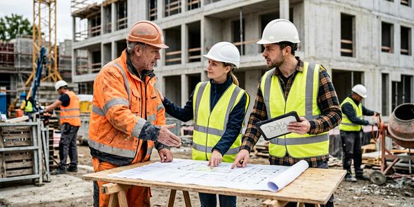 Construction workers discussing blueprints on site with safety gear.