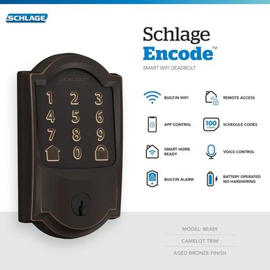 Schlage Encode Smart Wi-Fi Deadbolt with Camelot Trim in Aged Bronze