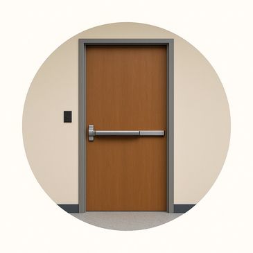 Closed wooden door with a horizontal push bar and a wall switch beside it.