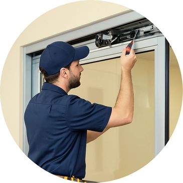 Technician repairing an automatic sliding door with a screwdriver.