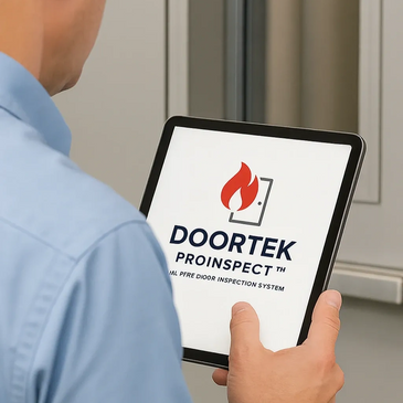 Person holding a tablet displaying Doortek Proinspect fire door inspection system.