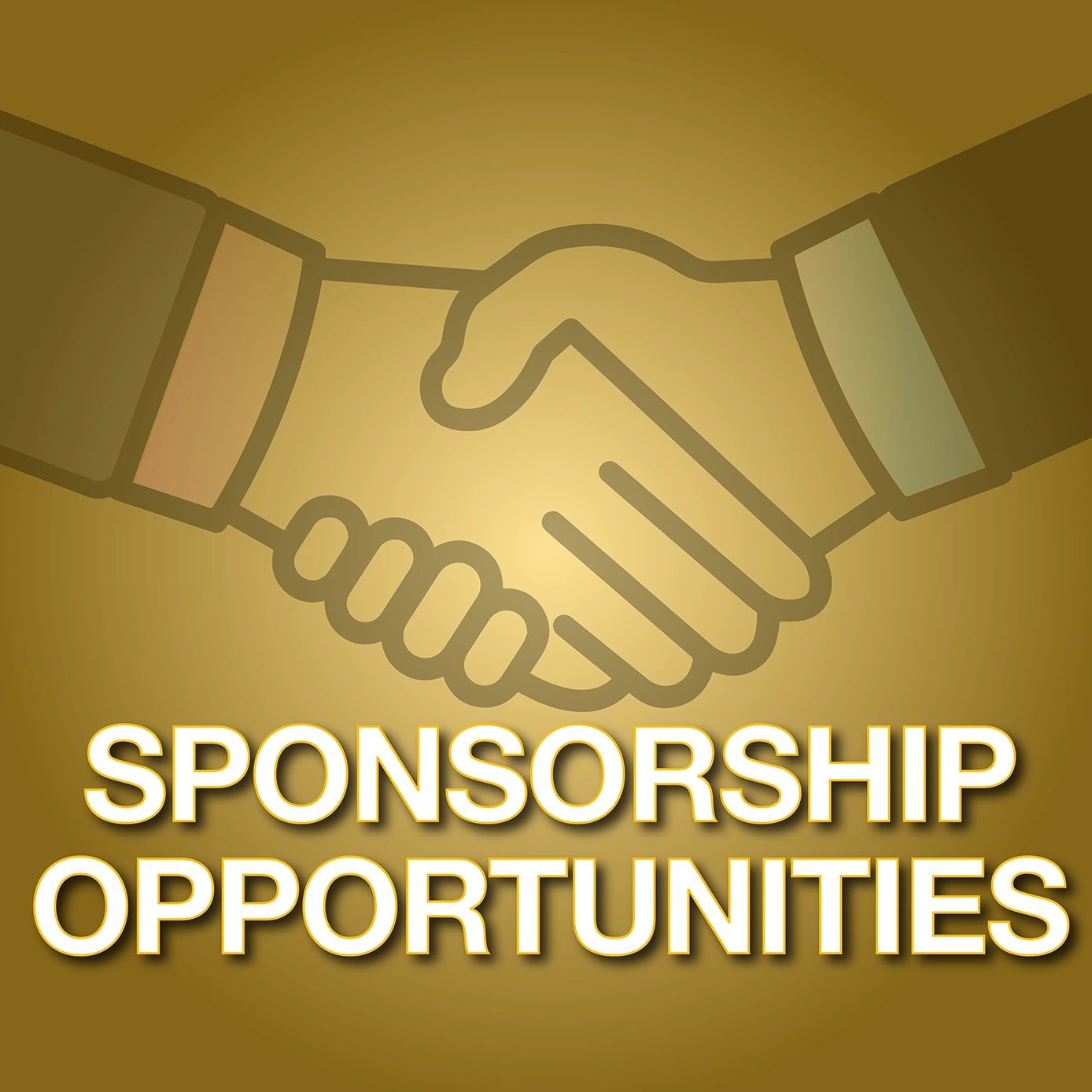 Handshake illustration with 'Sponsorship Opportunities' text on golden background.