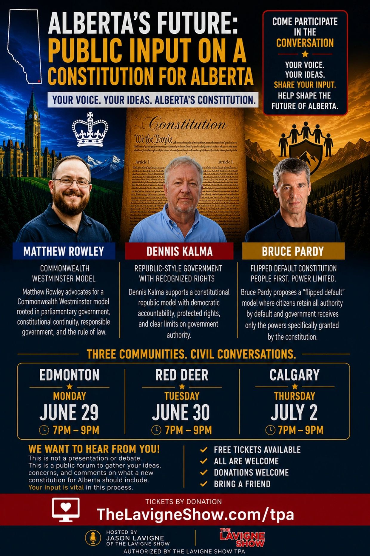 Public input event on Alberta's constitution with three speakers in Edmonton, Red Deer, and Calgary.