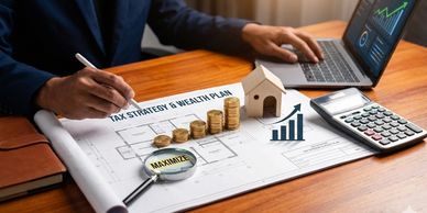 Desktop view of a "Tax Strategy & Wealth Plan" document with a magnifying glass, calculator, and sta