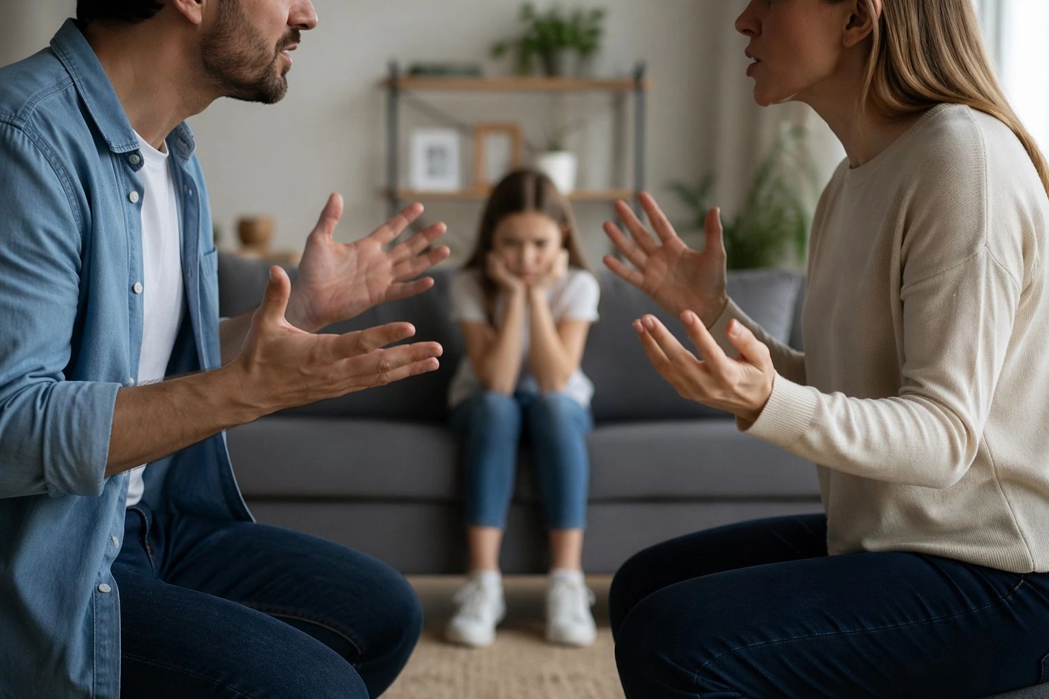 Parents arguing intensely while their child looks distressed in the background.
