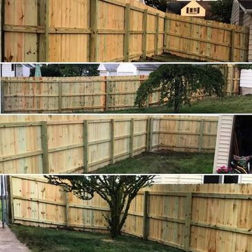 Four views of a newly installed wooden backyard fence.