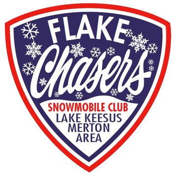 Flake Chasers Snowmobile Club logo with snowflakes and location details.