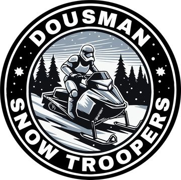 Logo of Dousman Snow Troopers with snowmobile rider in snowy forest.
