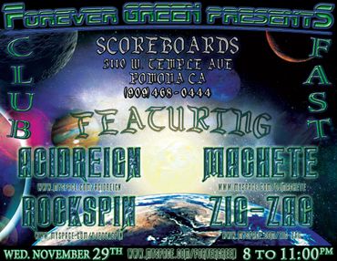 Flyer for a club event featuring Acidreign, Machete, Rockspin, and Zig-Zag at Scoreboards, Pomona.