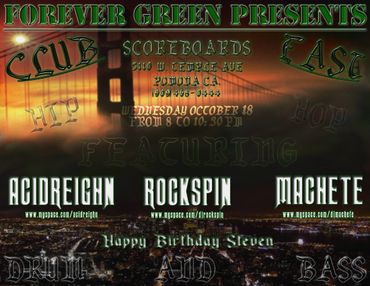 Flyer for a hip hop club event featuring Acidreighn, Rockspin, and Machete in Pomona, CA.