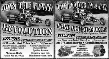 Vintage black and white racing ad for Esslinger Engineering's Pinto performance parts.