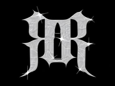Shiny silver gothic letter M with a bullet shape in the center on black.