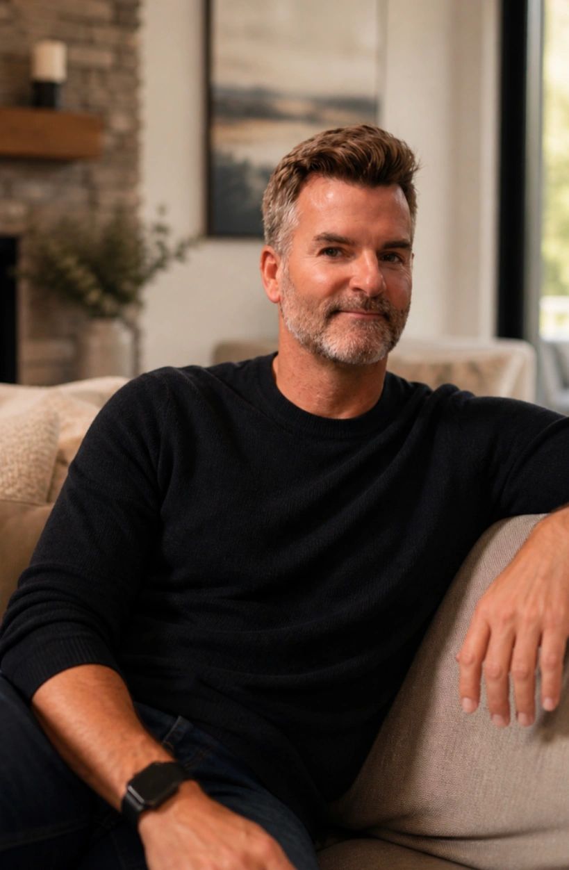 A relaxed man with a beard sitting on a couch indoors.