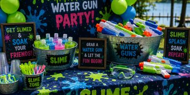 Colorful water guns and slime party setup with fun signs and balloons outdoors.